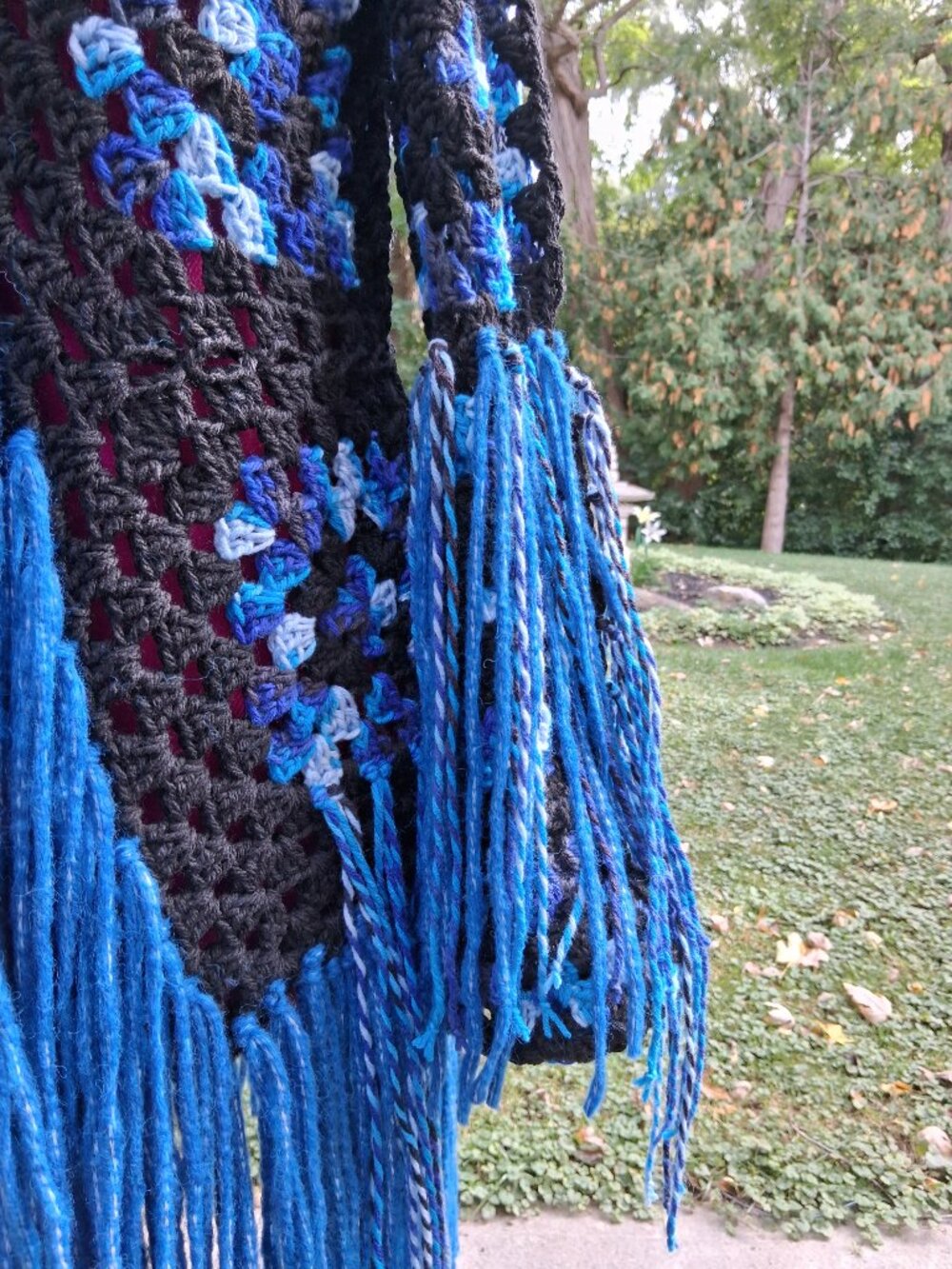 Black and Blue Fringe Granny Square Sweater Size L/XL - Picture 7 of 14